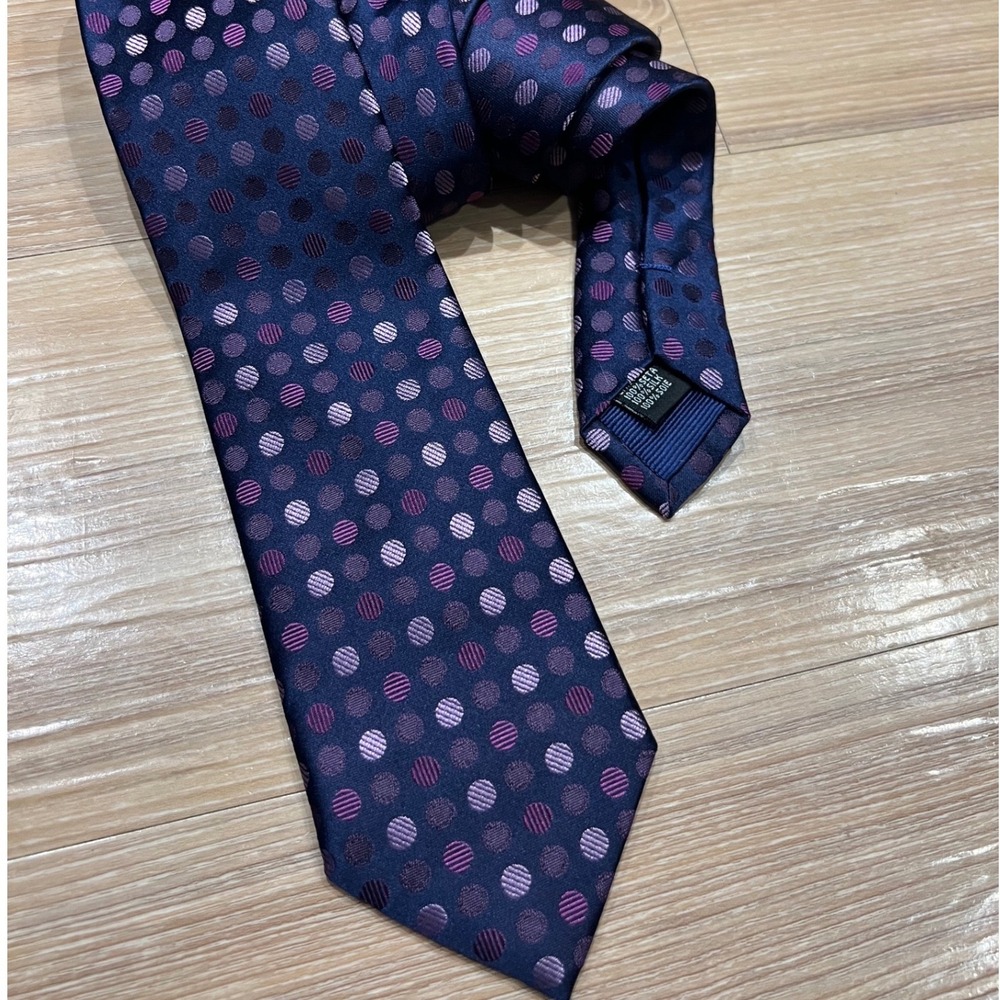 Bugatchi Mens Silk Necktie Polka Dot Geometric Navy Blue Purple OS